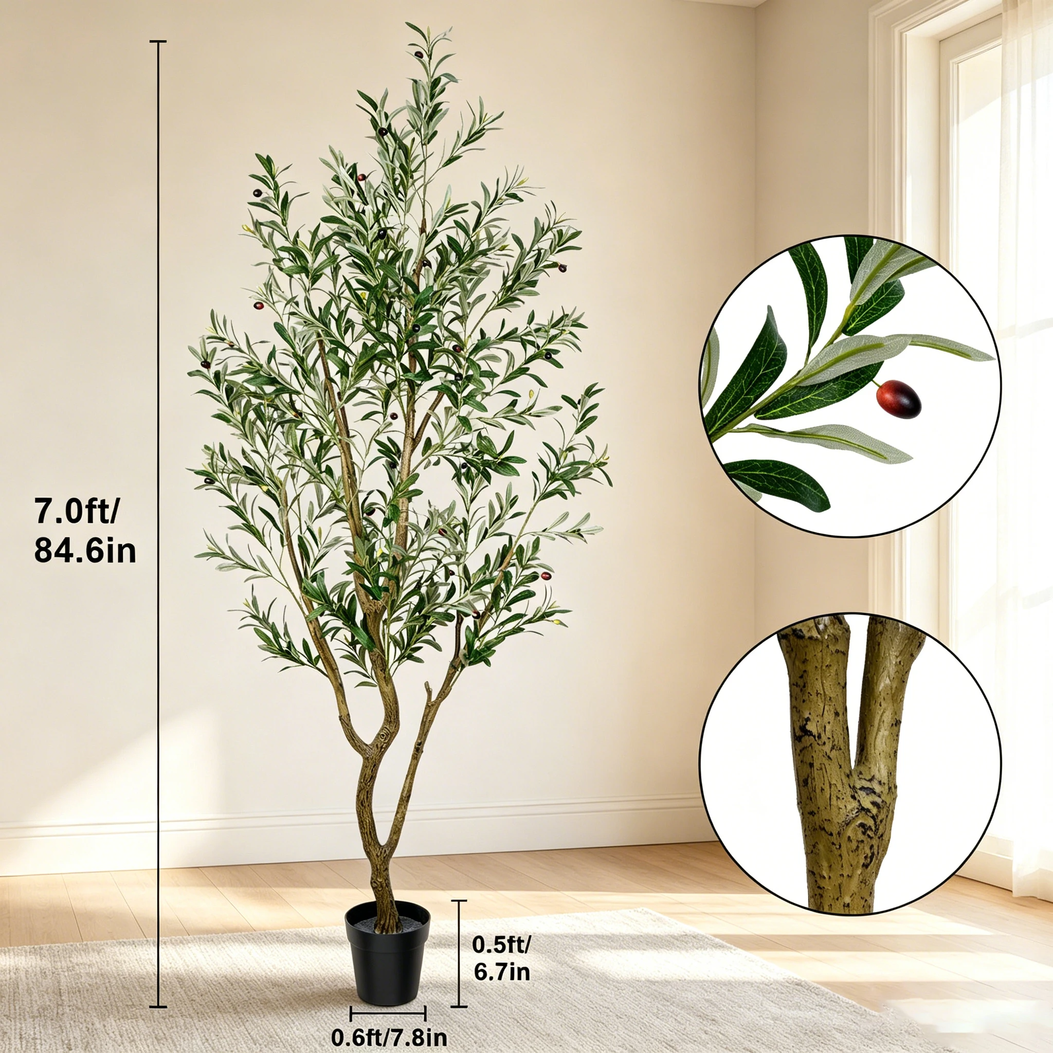 Olive Trees Artificial Indoor, 5.25/6.10/7.10FT Tall, with Black Pot, Artificial Plants w/Natural Wood Trunk and Lifelike - Image 11