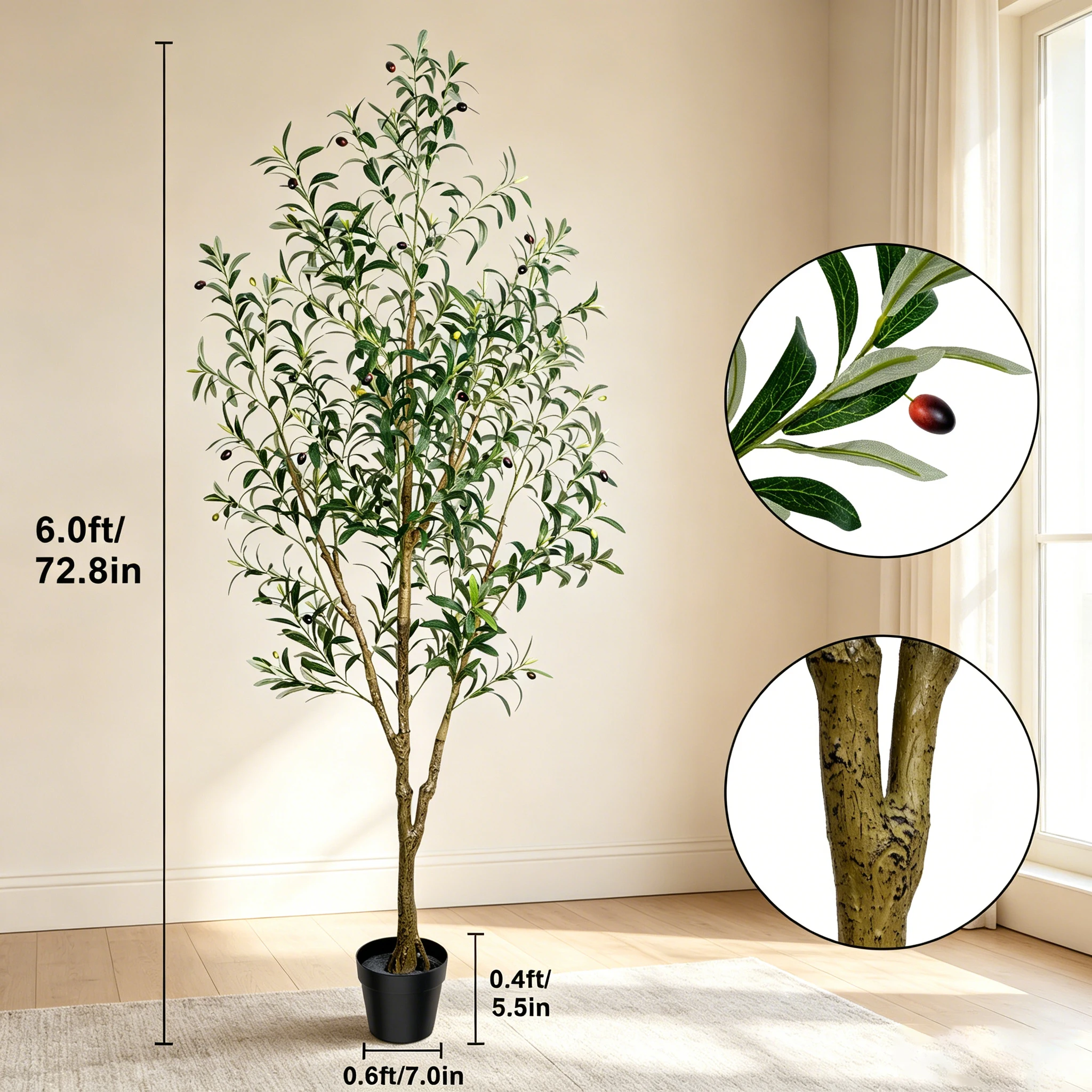 Olive Trees Artificial Indoor, 5.25/6.10/7.10FT Tall, with Black Pot, Artificial Plants w/Natural Wood Trunk and Lifelike - Image 9